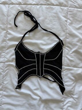 Black Rhinestone Butterfly Halter Y2K Crop Top XS